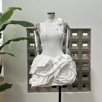 Xajzpa Fashion Women Short Dress Sleeveless Round Neck 3D Flowers Female Summer Evening Party Dresses New Tide